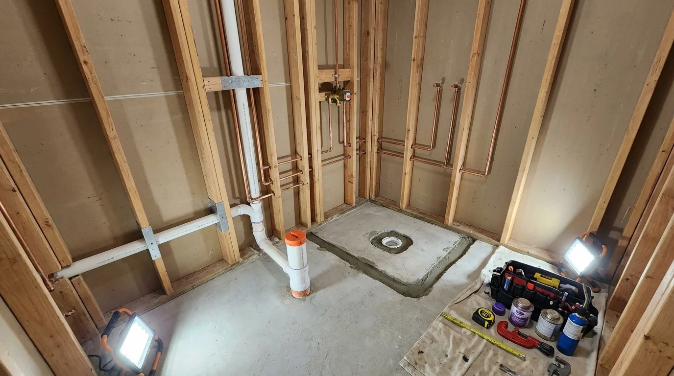 Bathroom rough-in plumbing during remodel by Johns Plumbing LLC in Flossmoor