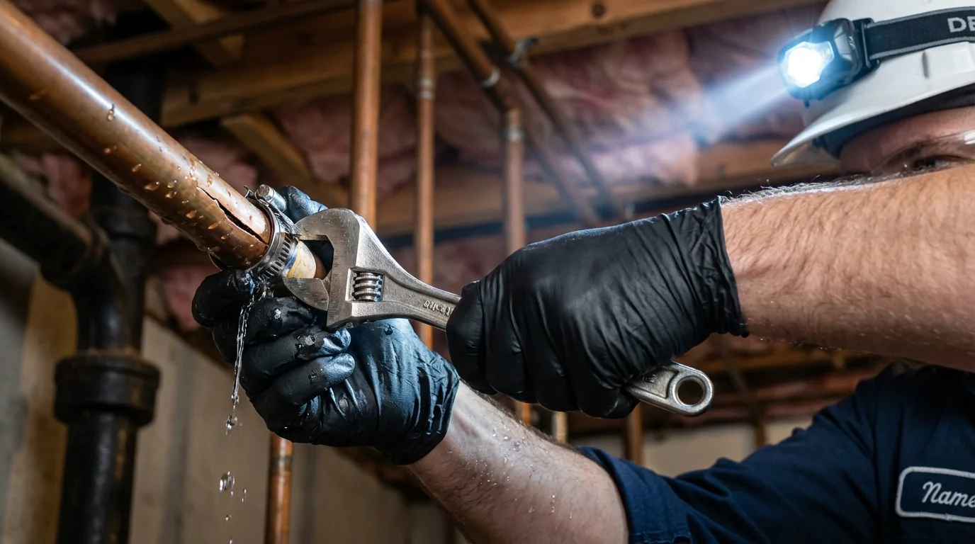 Emergency pipe clamp repair being performed by a Johns Plumbing LLC plumber in Flossmoor