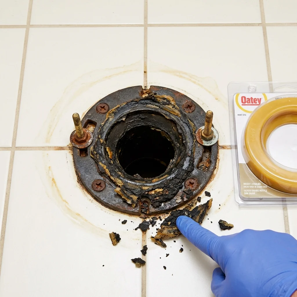 Failed wax ring showing water seepage at the base of a toilet in a Flossmoor, IL home