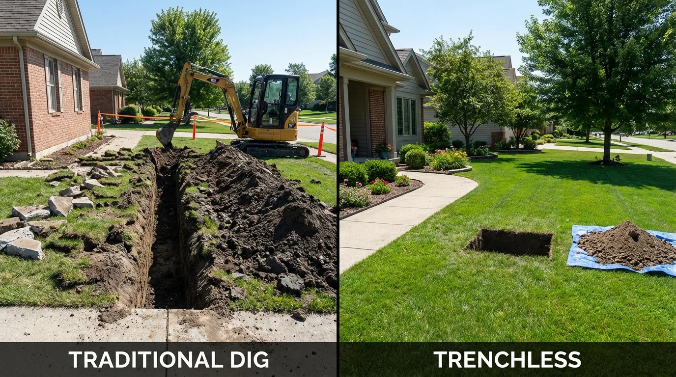 Trenchless sewer repair with minimal yard damage versus traditional excavation in Flossmoor, IL