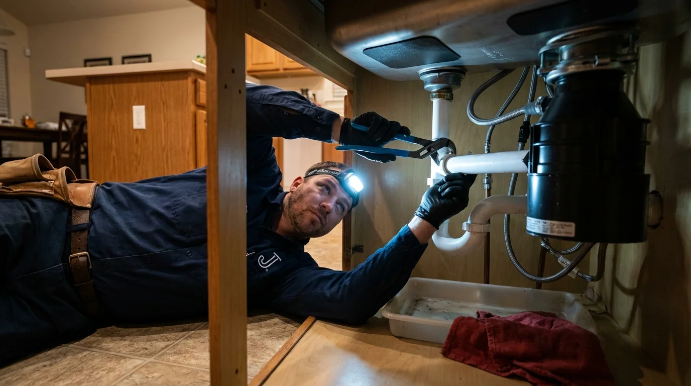 P-trap and supply line connections under a kitchen sink showing a common leak point in Flossmoor, IL